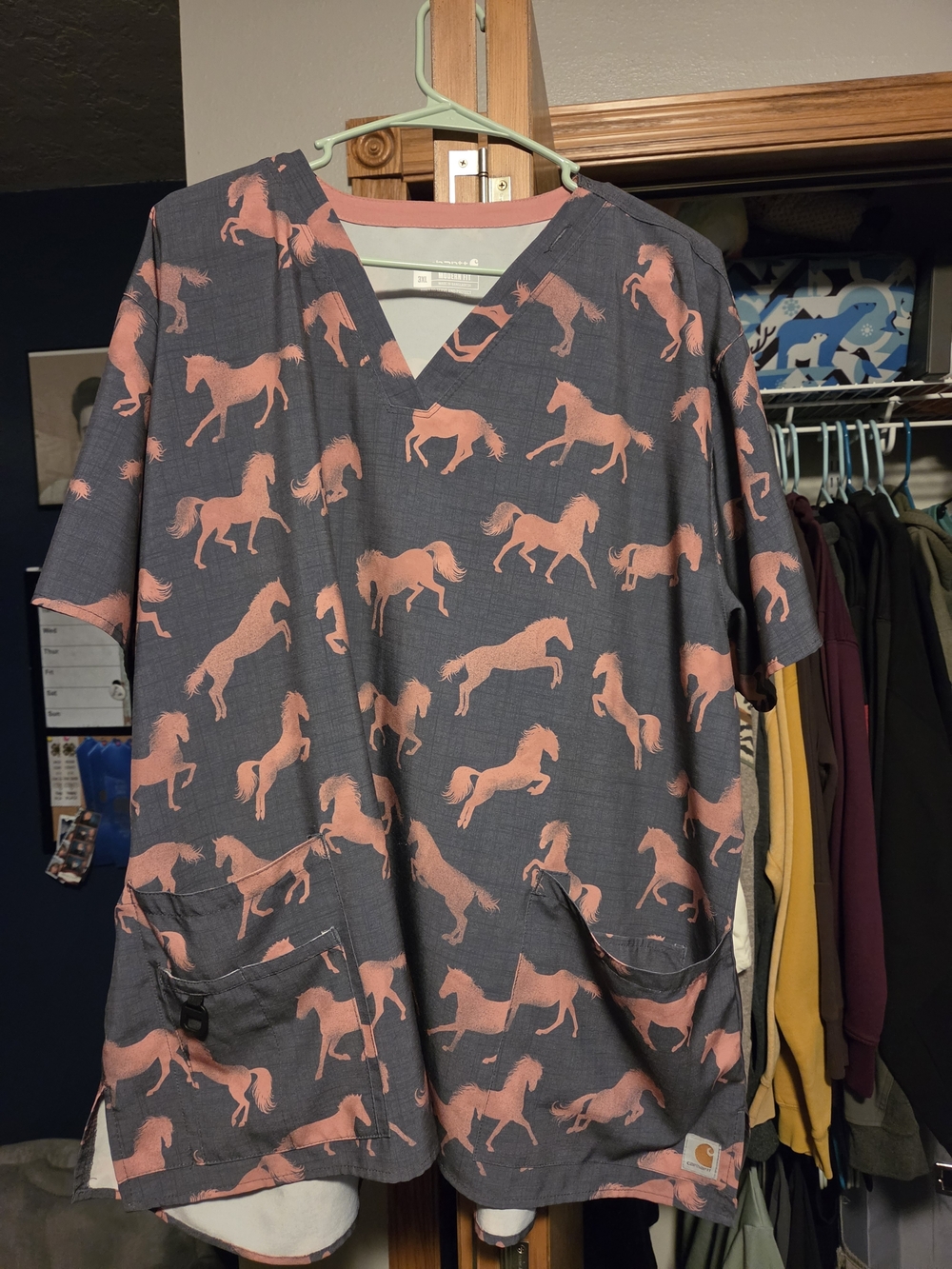 Carhartt Charcoal Scrub Top with Coral Horse Print